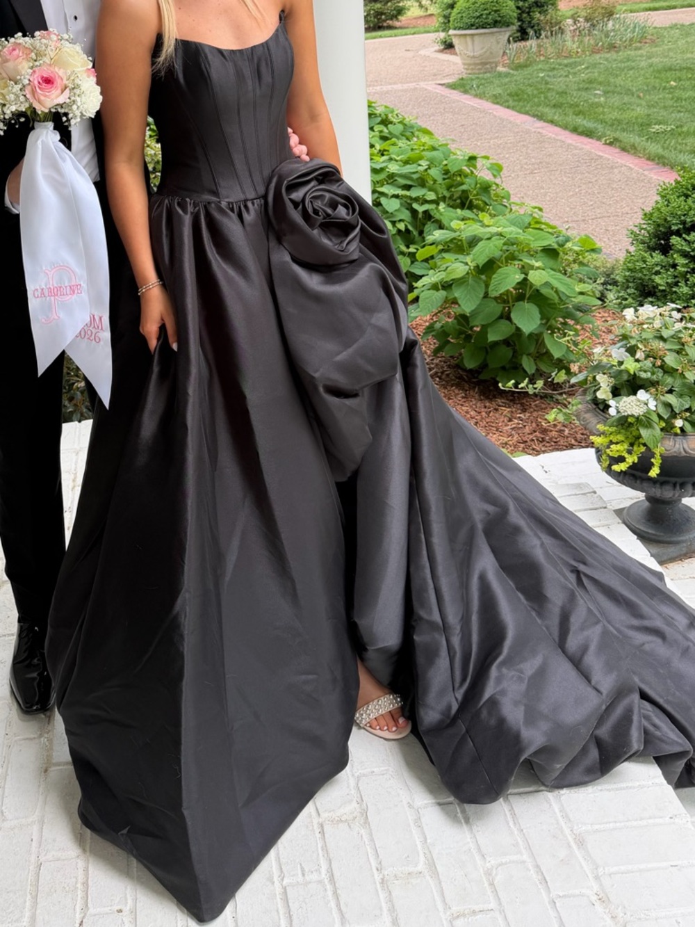 Sherri Hill Style 57778 Black Strapless Ball Gown with Rosette size 4